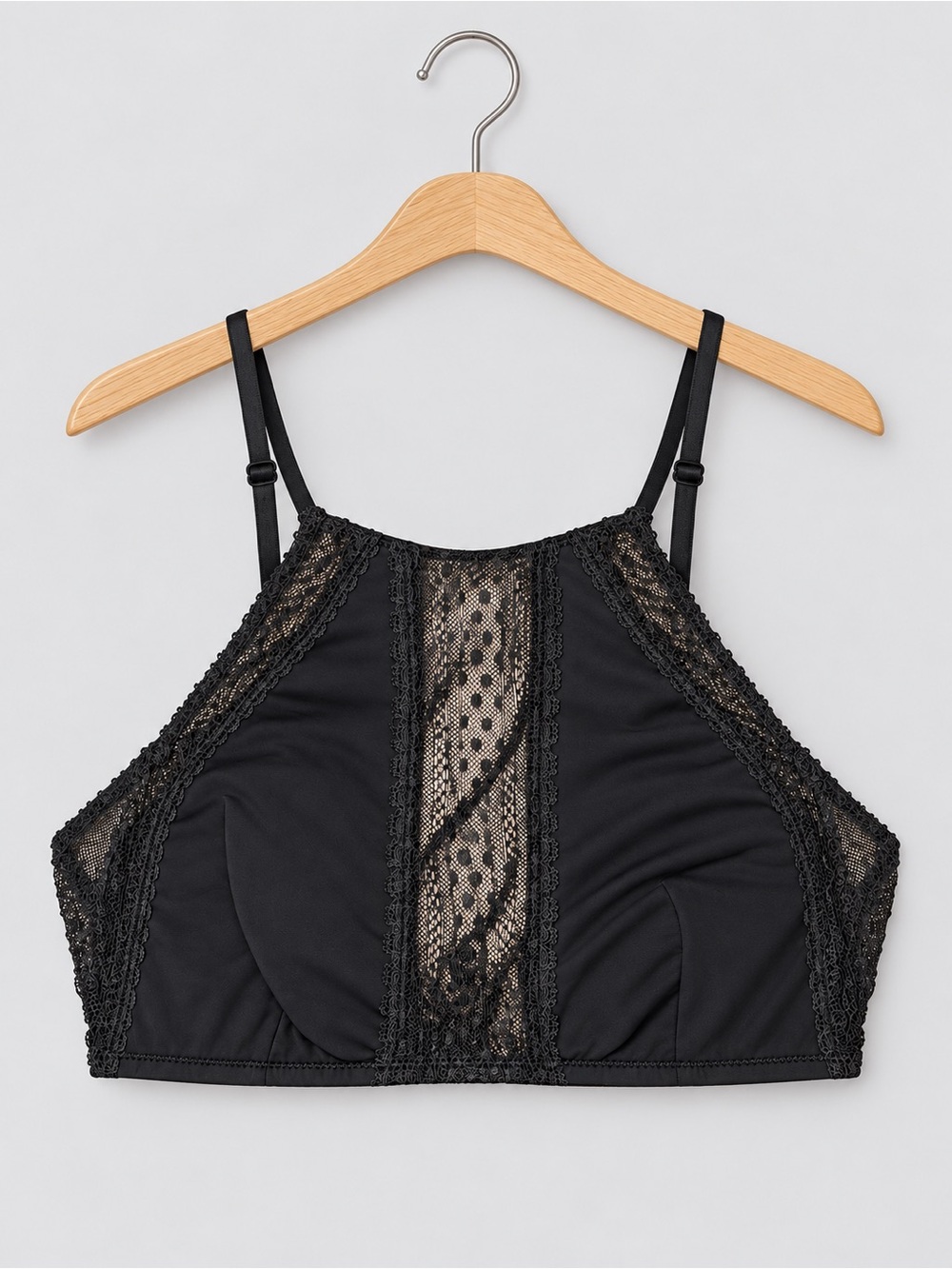High Neck Lace-Panel French Bralette in Black